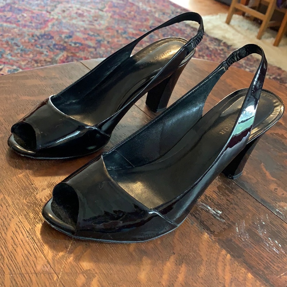 Ann Taylor black patent open toe heels size 7